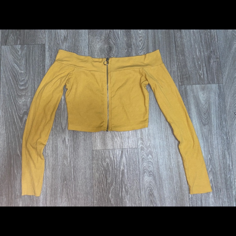 really cute zip up, off the shoulder, crop top